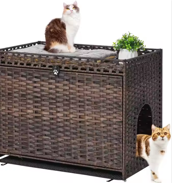 JY Cat Litter Box with Soft Mat Hidden with Door Rattan Cat House with Large Space Pet Crate for Living Room Bedroom Balcony