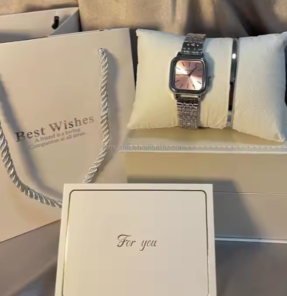 Women's Elegant Waterproof Quartz Watch with Stainless Steel Band Luxury Square Dial Leather Window Fashionable for Ladies