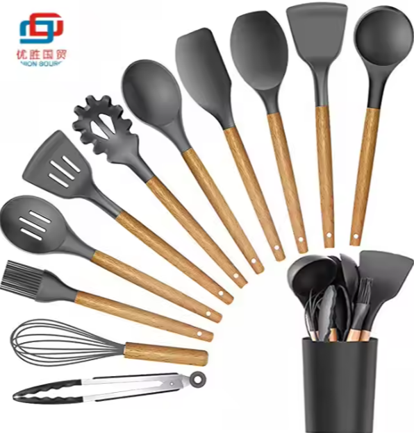 New Design Silicone Kitchen Accessories Handle Modern Cooking Tools Household Kitchen Utensils Set with Wood Grain Plastic