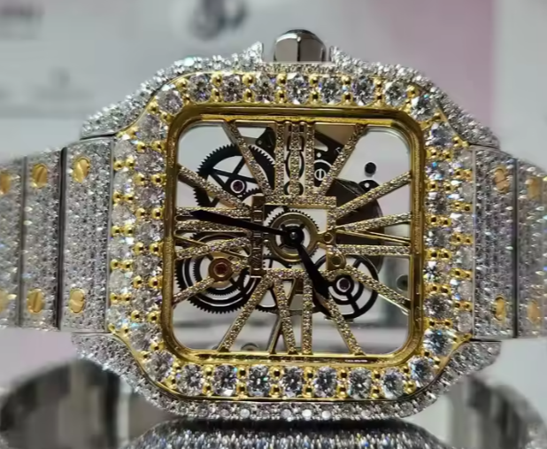 Skeleton Gold Tone Hip Hop Luxury Full Iced Out Moissanite Diamond Watch Huge Dial Fancy Unisex Wristwatch