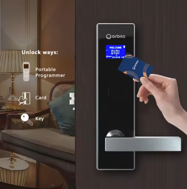 Orbita 13.56 Mhz Korea Outdoor Master Swipe Key Card Read Hotel Safety Electric Management Door Handle Locks For 5 Star Hotels