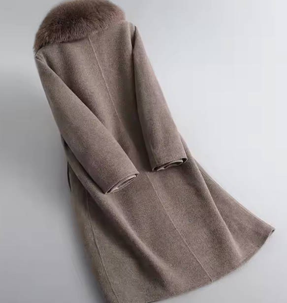 Women High End Double Face Cashmere Coat Long Thick New Fox Fur Collar Woolen Coat