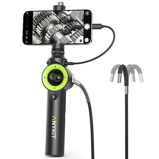 Anykit 360° 4 Ways Articulating Borescope, Industrial Endoscope with 0.26 in Articulated Snake Camera, Inspection Camera with 6 Adjustable LED Lights Compatible with Phone and Android - 3.3 FT