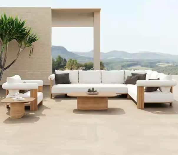 Modern Teak L Shape Sofa Outdoor Sofa Set Garden Furniture Wood Outdoor Patio Furniture Hotel Garden Sofas Luxury Couches Set