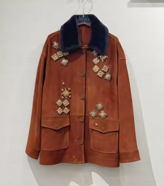 2024 New style retro beaded sheepskin suede leather jacket genuine leather women's coat