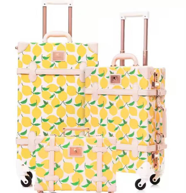 PU Leather Travel Bag 3-Piece Vintage Retro Spinner Luggage Set Lemon Print 13-inch Cosmetic Case Women Carry-on Pink Suitcase