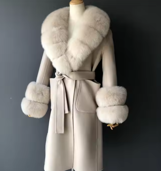 Elegant Style Big Real Fox Fur Collar Cuffs Women Winter Long Double Face Cashmere Winter Wool Coat