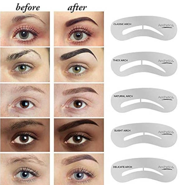 Aesthetica Brow Contour Kit 16-Piece Eyebrow Makeup Palette Set 6 Eyebrow Powders, 5 Eyebrow Stencils, Spoolie/Brush Duo, Tweezers, Eye Brow Wax, Highlighter - Unique Gifts For Women For Her Birthday