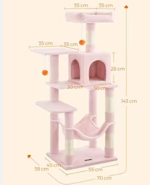 Feandrea pink Large Multi-level Cat Trees & Scratcher with Hammock Luxury Wood Pet Cat Tree Tower